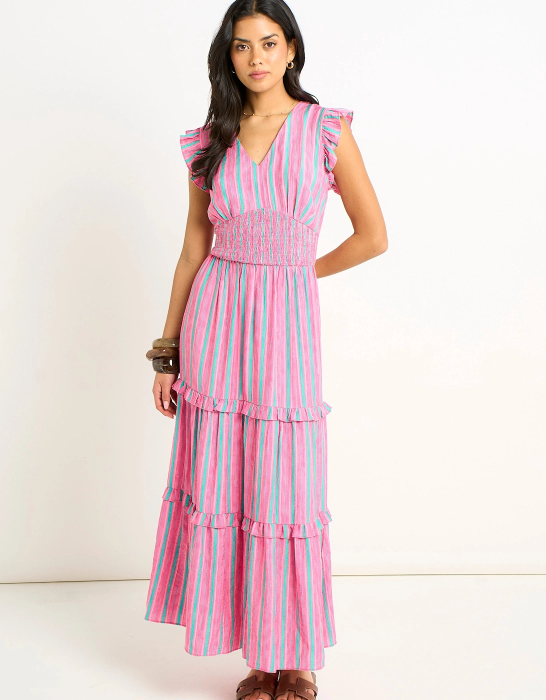 Pink Summer Stripe Shirred Waist Maxi Dress