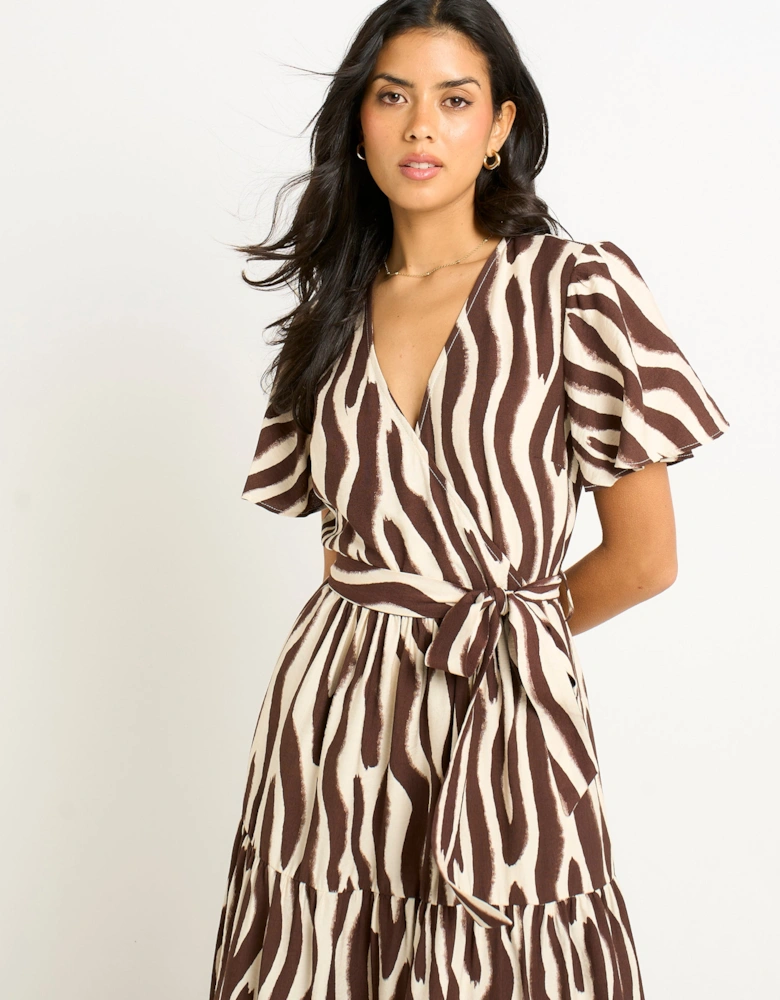 Chocolate Zebra Print Wrap Midi Dress