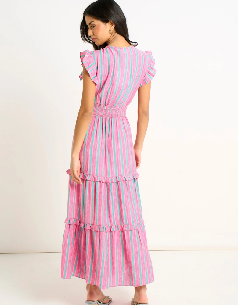 Pink Summer Stripe Shirred Waist Maxi Dress