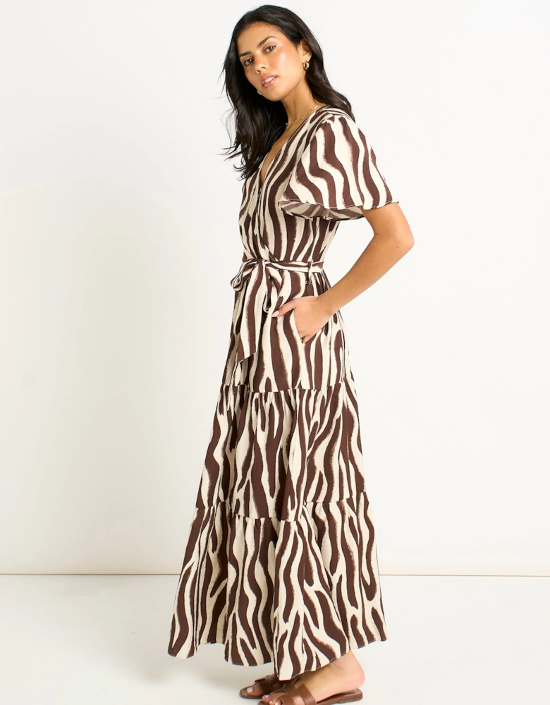 Chocolate Zebra Print Wrap Midi Dress