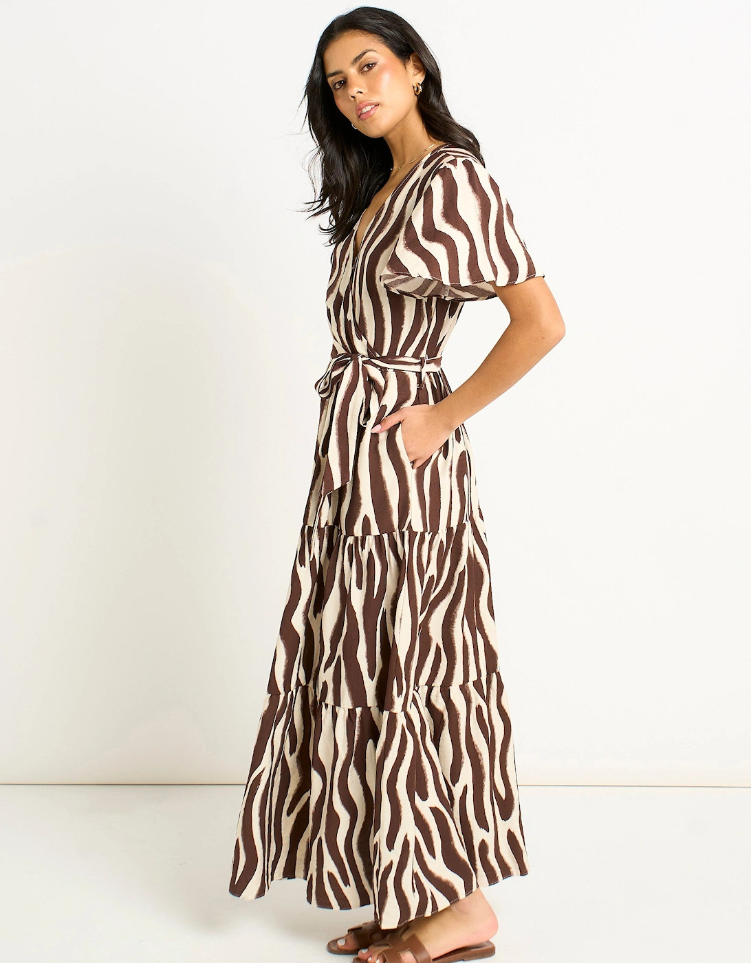 Chocolate Zebra Print Wrap Midi Dress