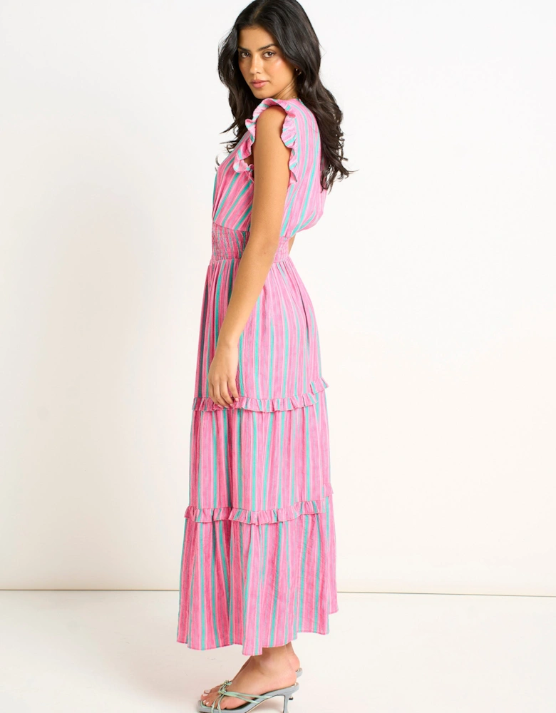 Pink Summer Stripe Shirred Waist Maxi Dress