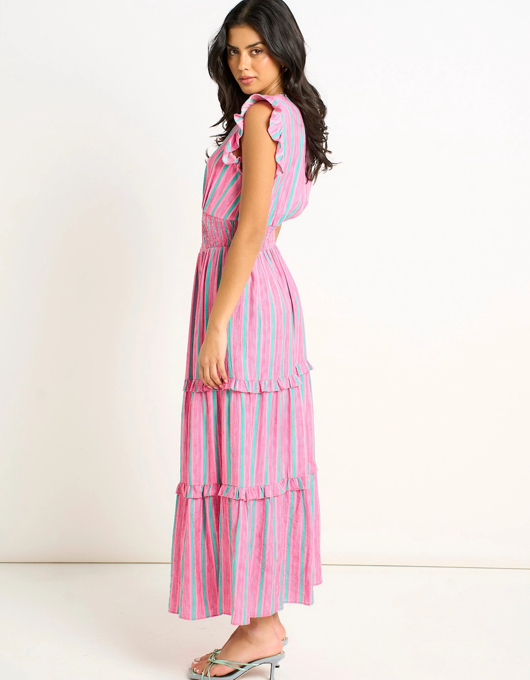 Pink Summer Stripe Shirred Waist Maxi Dress