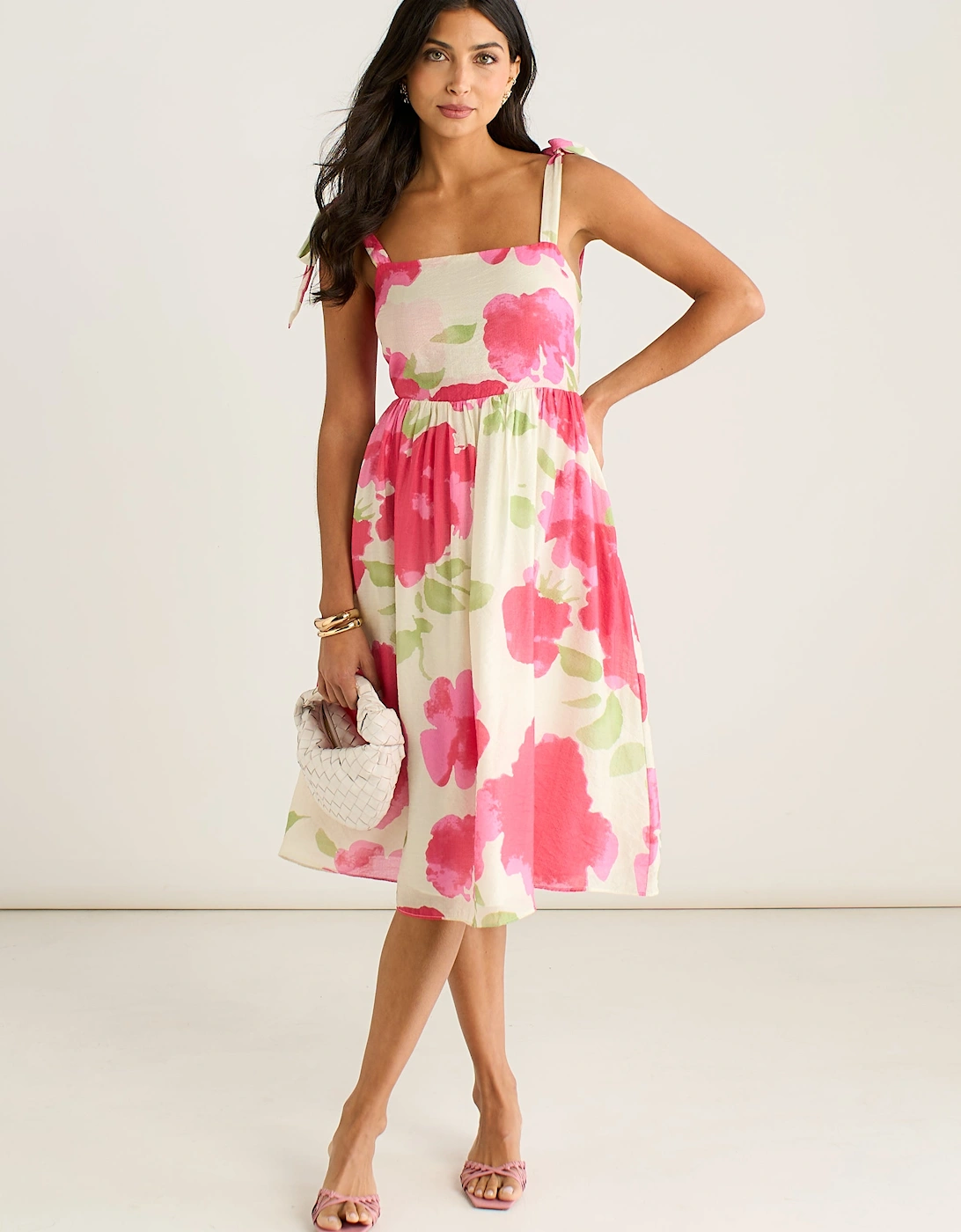 Pink Floral Tie Straps Midi Dress, 5 of 4