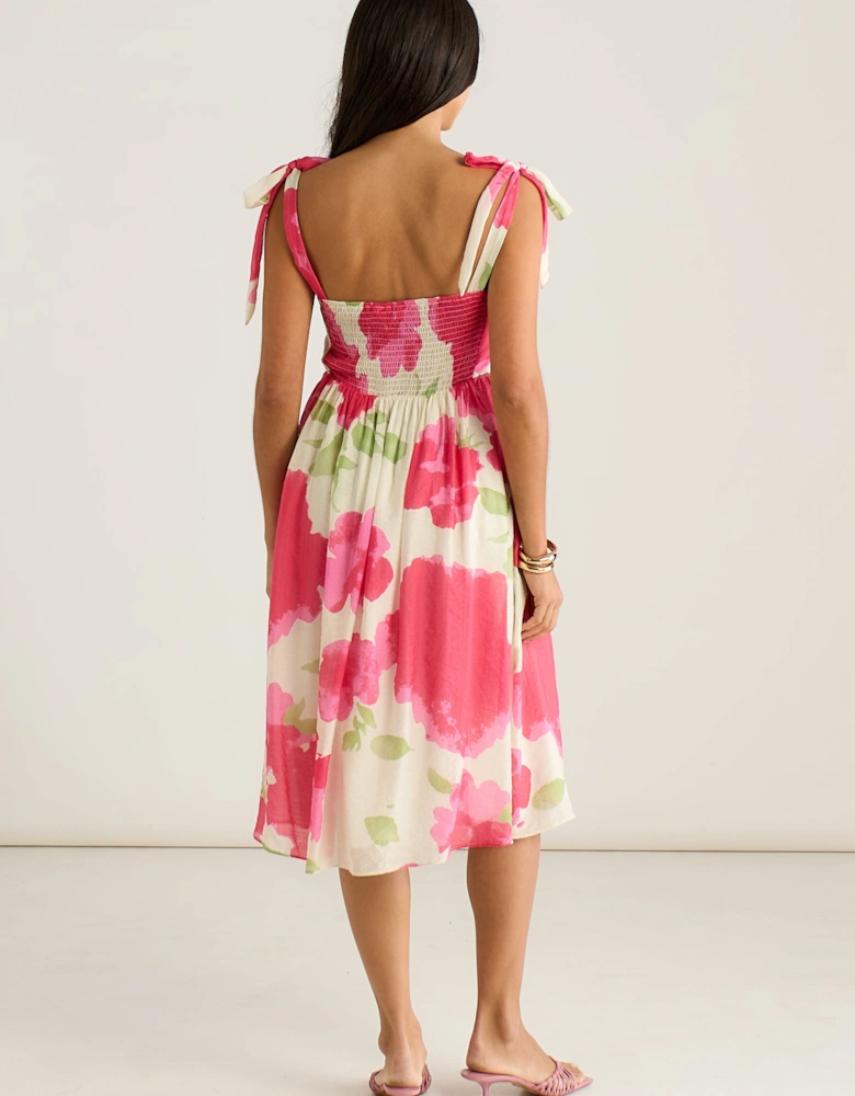 Pink Floral Tie Straps Midi Dress