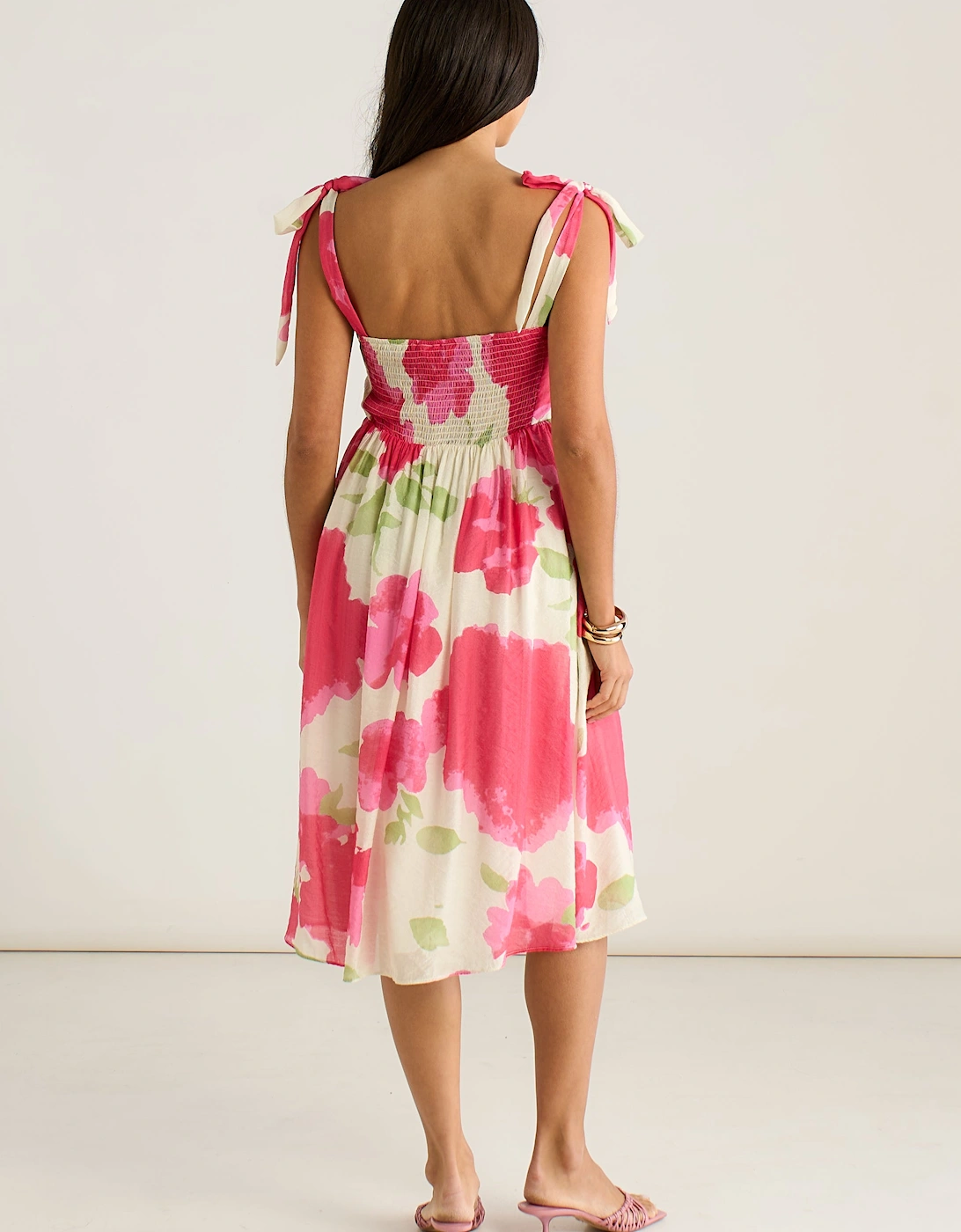 Pink Floral Tie Straps Midi Dress