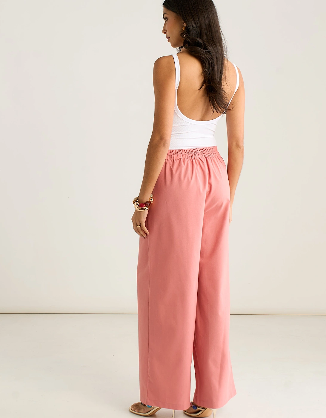 Coral Cotton and Linen Blend Wide Leg Trouser