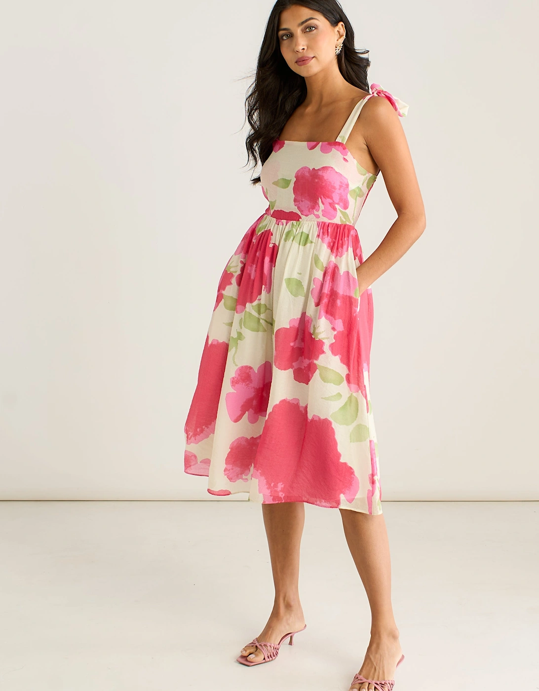 Pink Floral Tie Straps Midi Dress