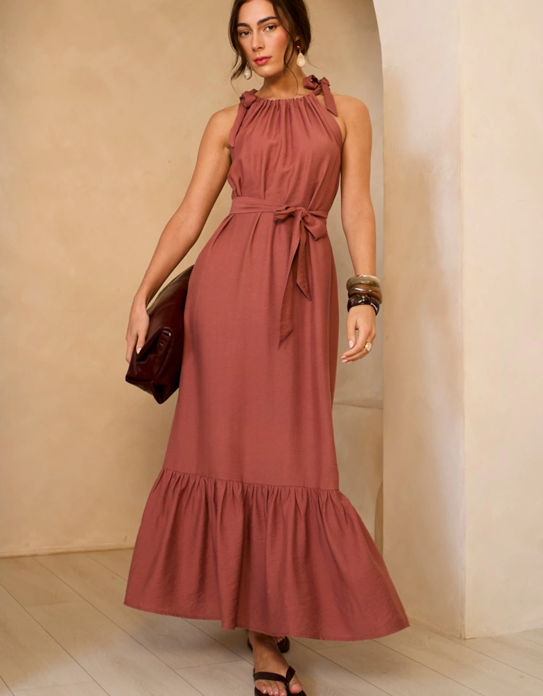 Rust Tie Shoulder Relaxed Fit Belted Maxi Dress
