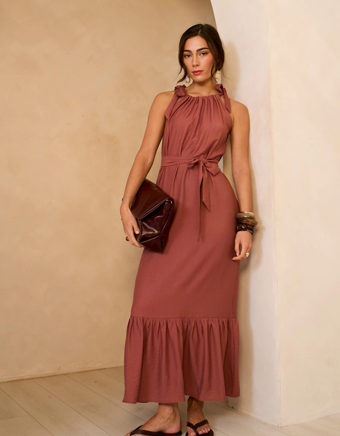 Rust Tie Shoulder Relaxed Fit Belted Maxi Dress