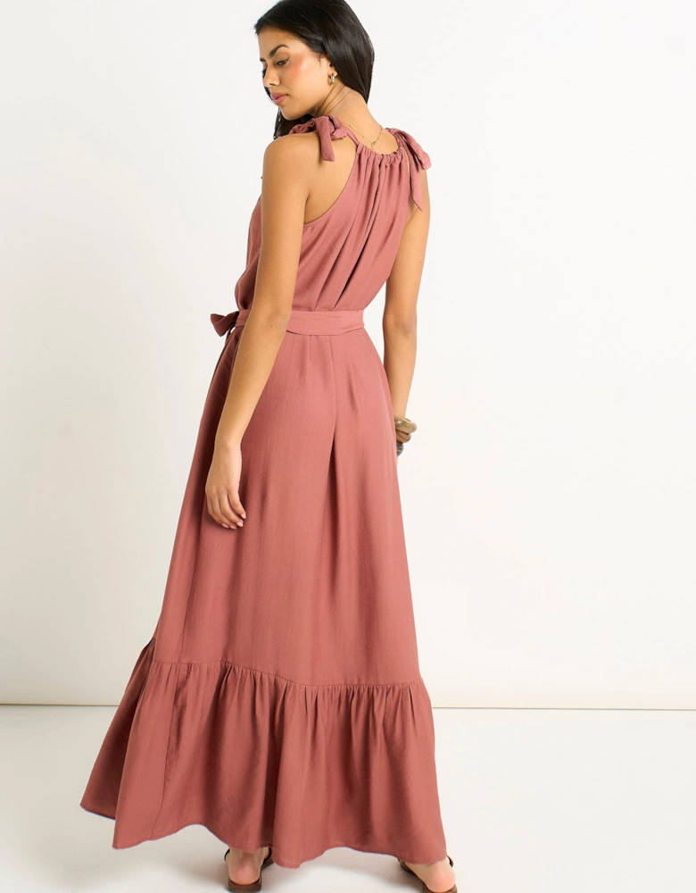 Rust Tie Shoulder Relaxed Fit Belted Maxi Dress