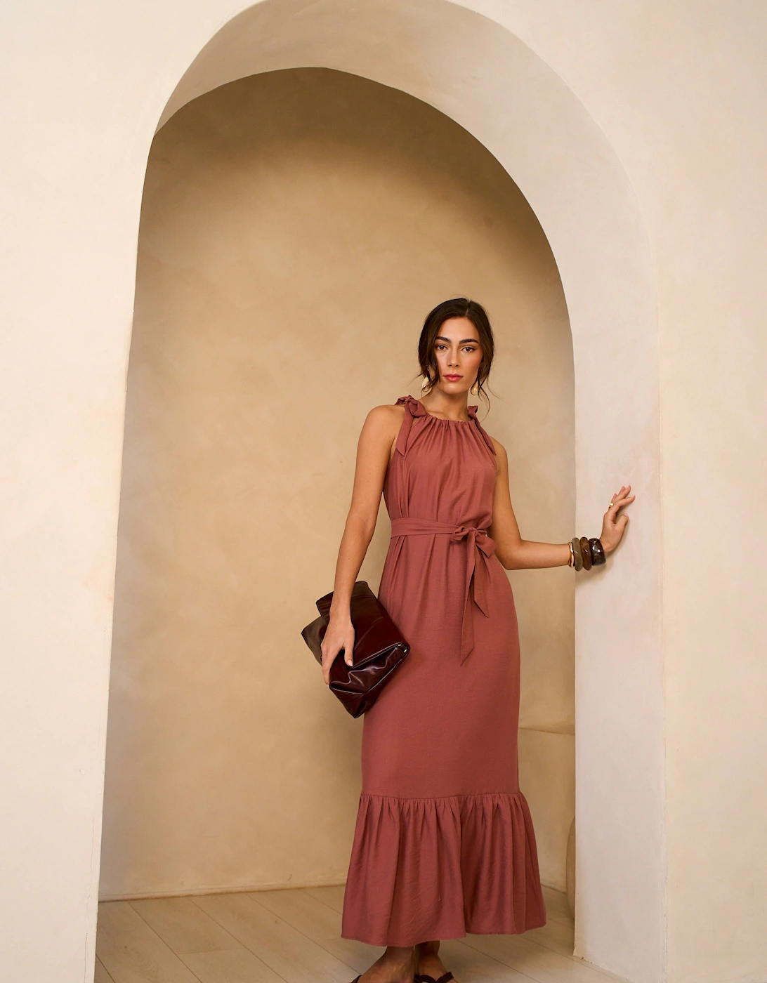Rust Tie Shoulder Relaxed Fit Belted Maxi Dress