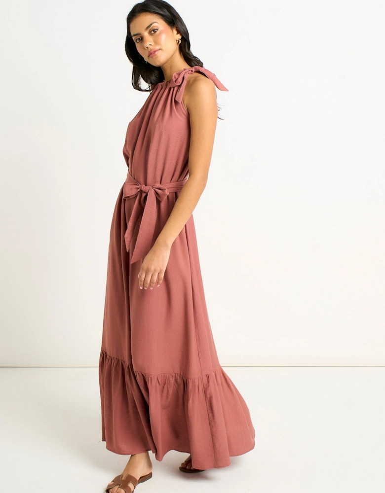Rust Tie Shoulder Relaxed Fit Belted Maxi Dress
