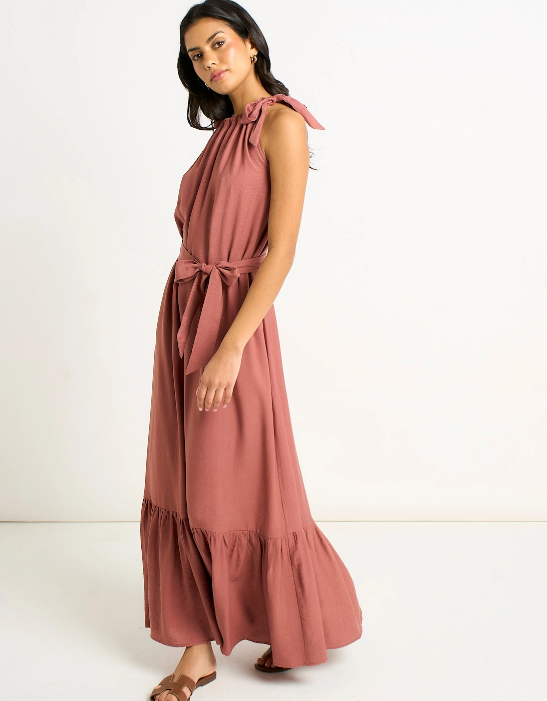 Rust Tie Shoulder Relaxed Fit Belted Maxi Dress