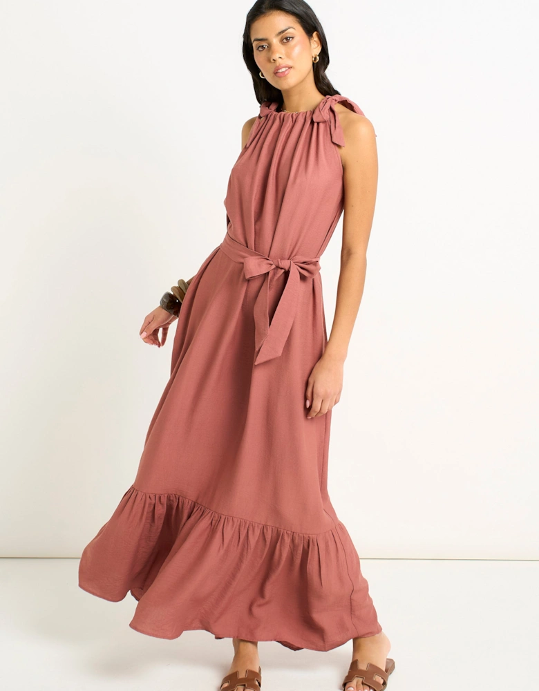 Rust Tie Shoulder Relaxed Fit Belted Maxi Dress