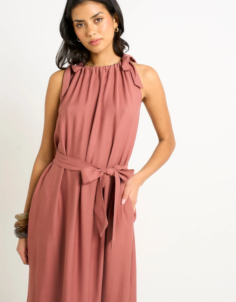 Rust Tie Shoulder Relaxed Fit Belted Maxi Dress