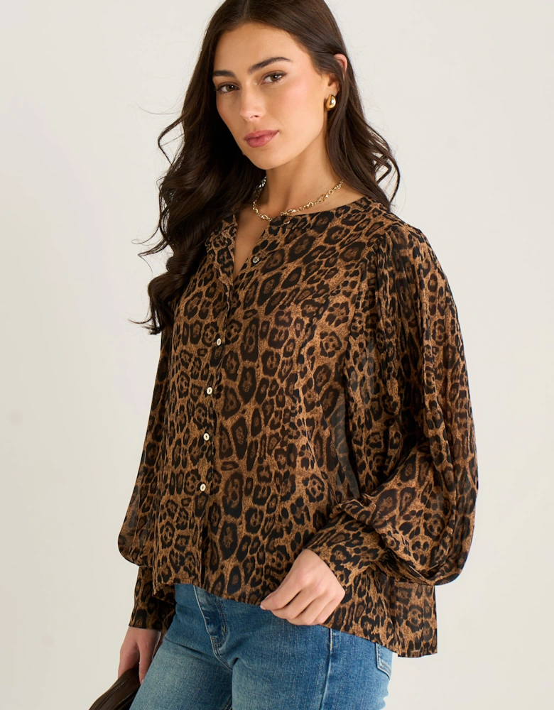 Brown Chiffon Animal Print Pleated Shift Shirt Blouse