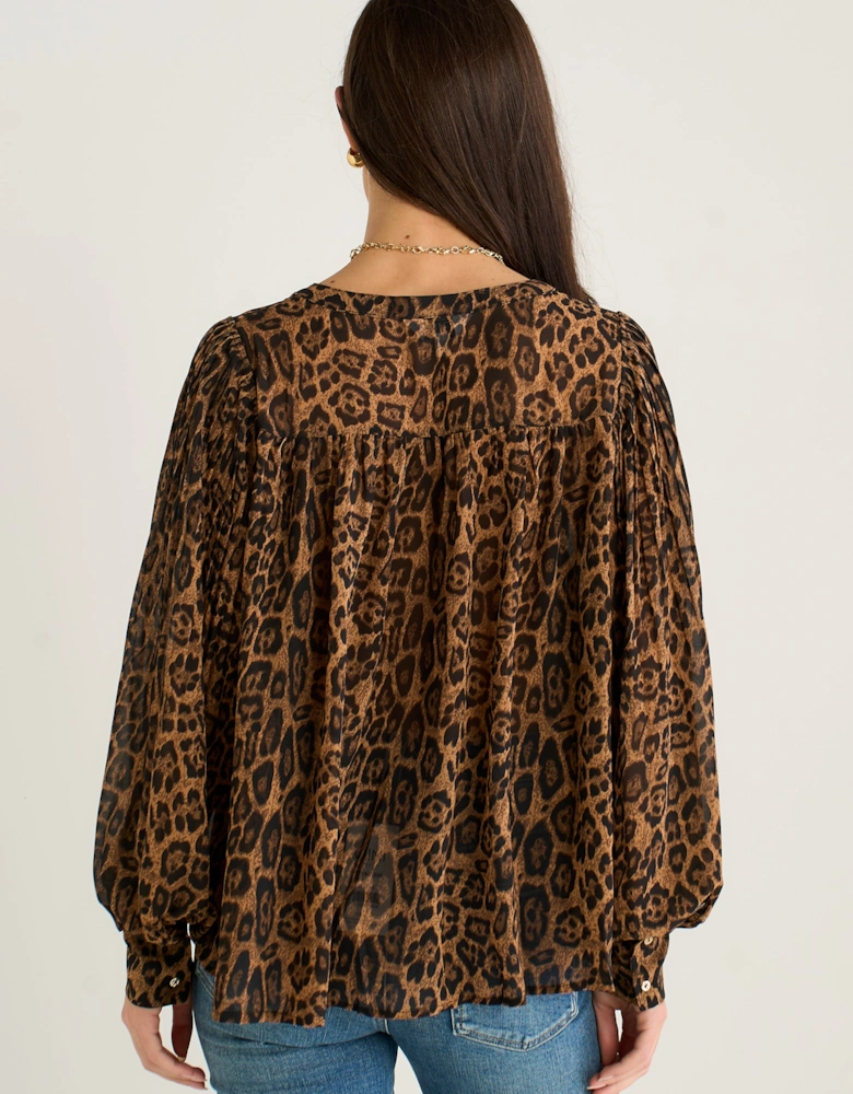 Brown Chiffon Animal Print Pleated Shift Shirt Blouse