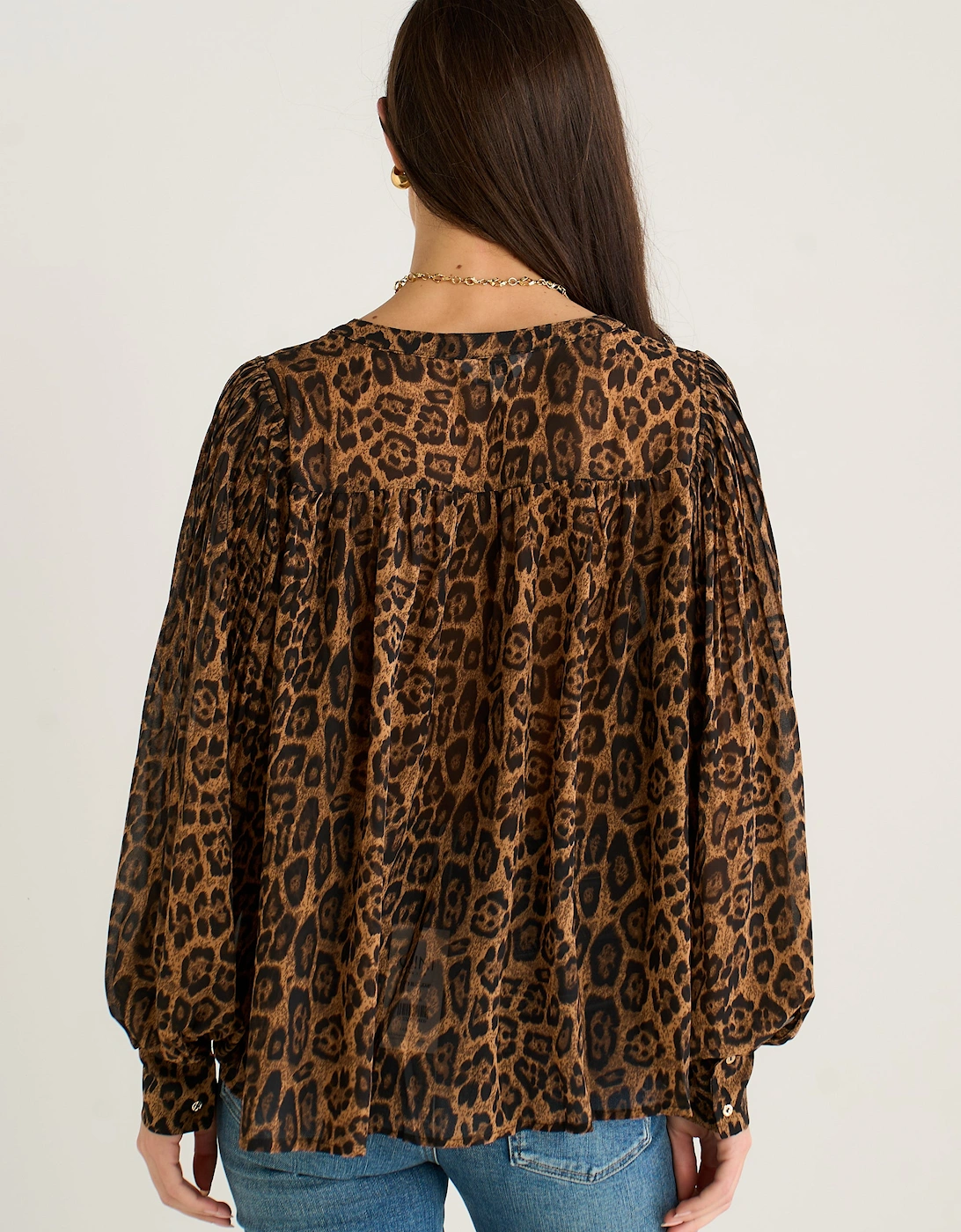 Brown Chiffon Animal Print Pleated Shift Shirt Blouse