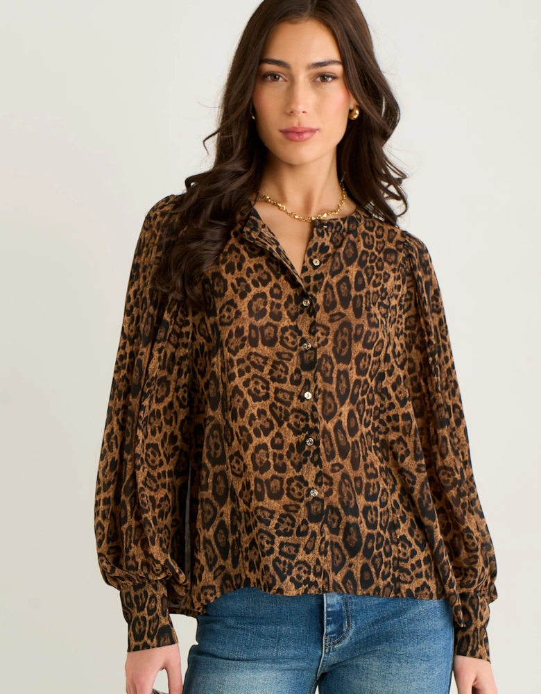 Brown Chiffon Animal Print Pleated Shift Shirt Blouse