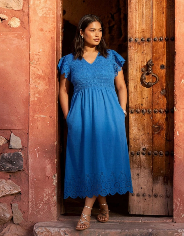 Blue Shirred Broderie Cotton Midi Dress