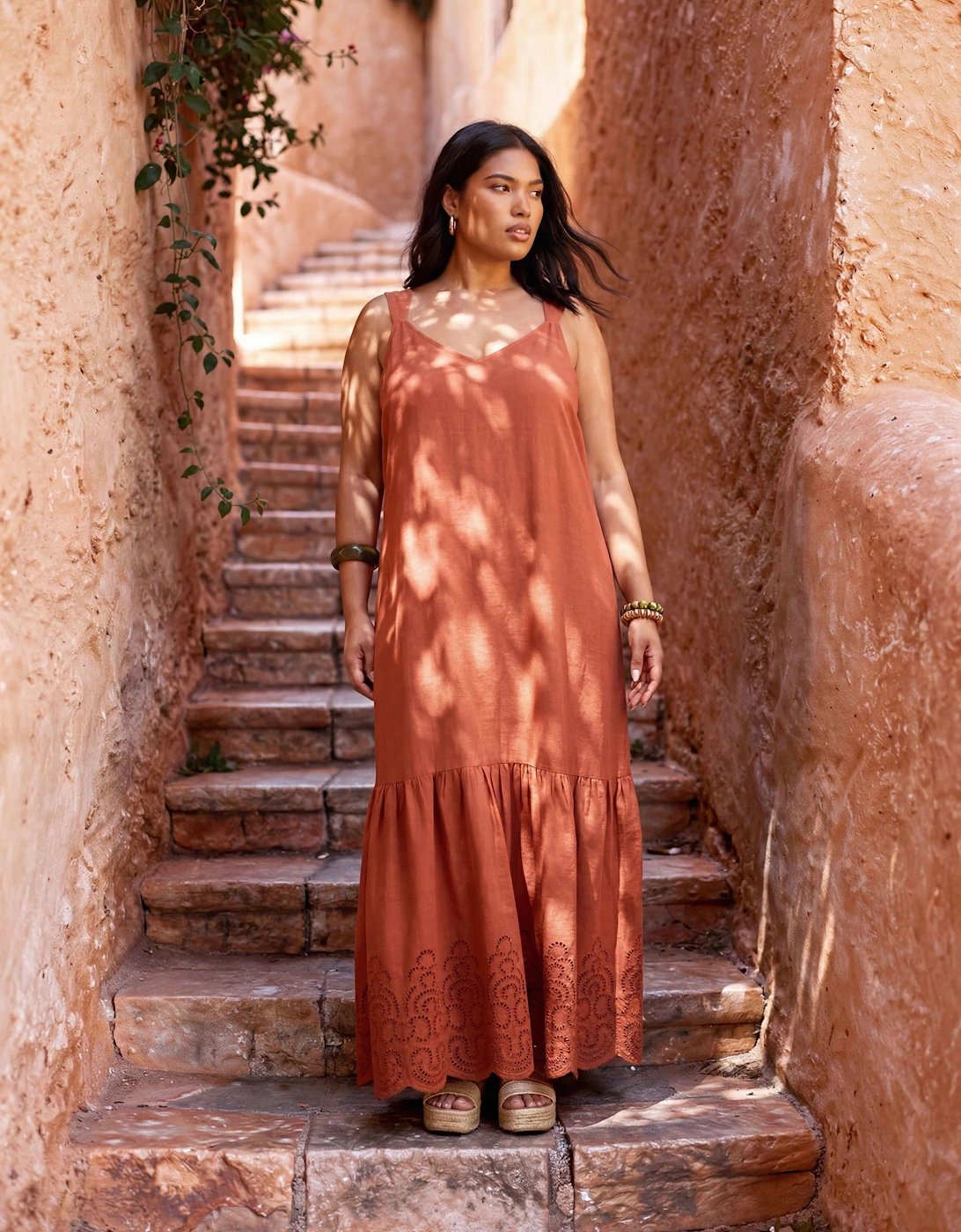 Terracotta Linen Blend Broderie Maxi Dress