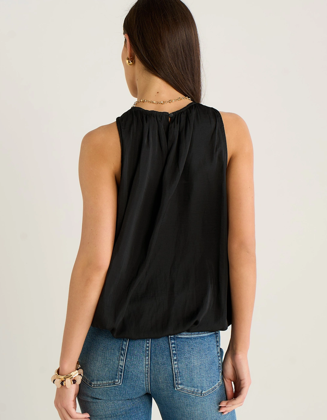 Black Sleeveless Gathered Neck Bubble Hem Top