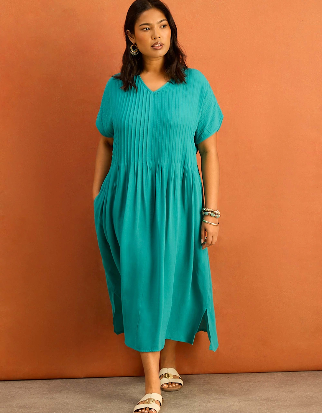 Petite Teal Pleated Midi Dress