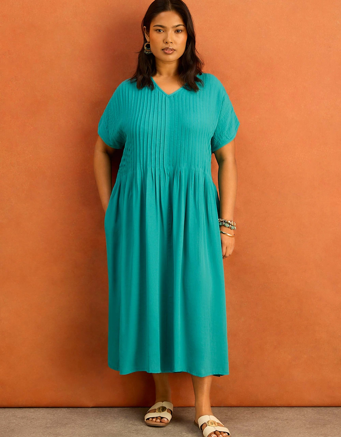 Petite Teal Pleated Midi Dress