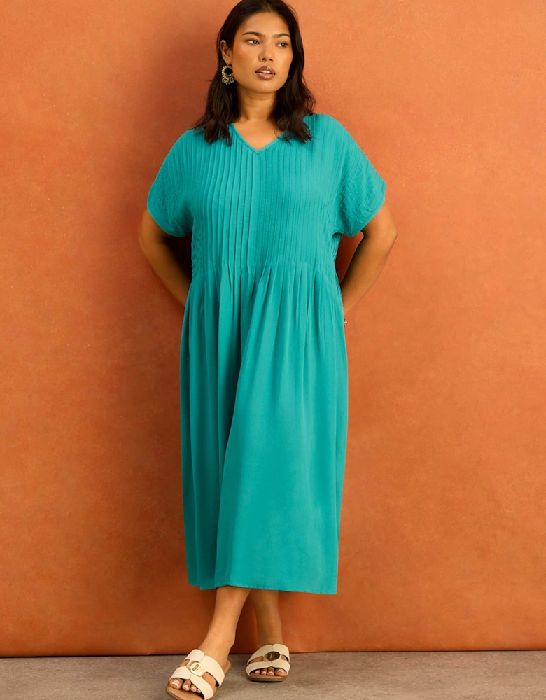 Petite Teal Pleated Midi Dress