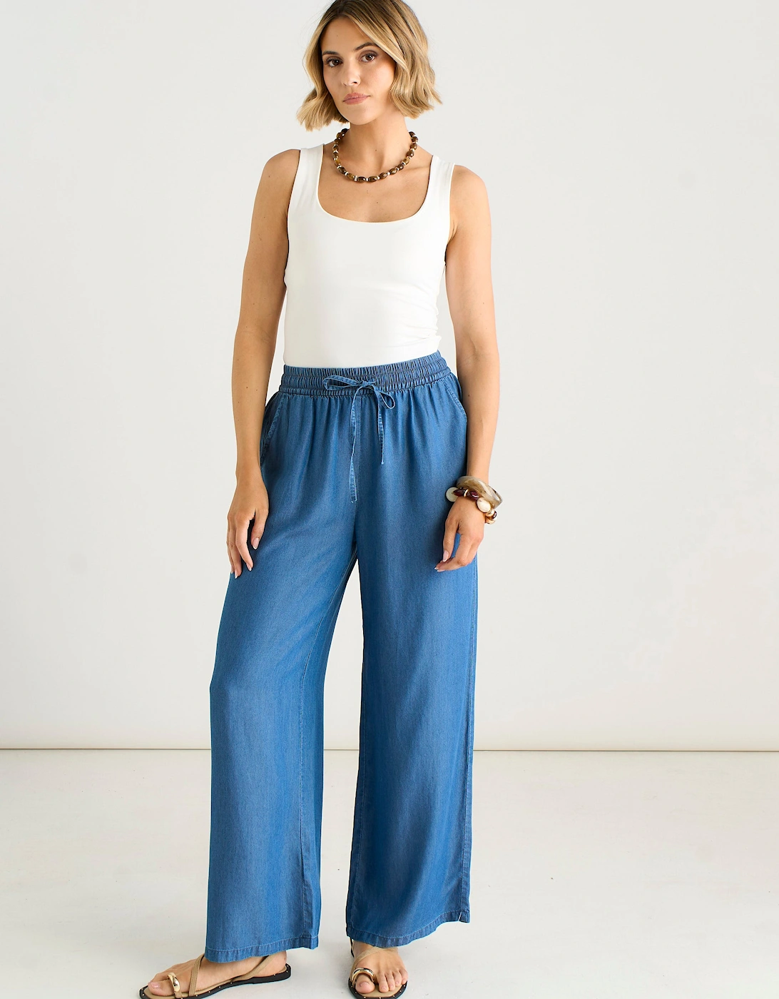 Blue Chambray Elasticated Waist Wide Leg Trousers