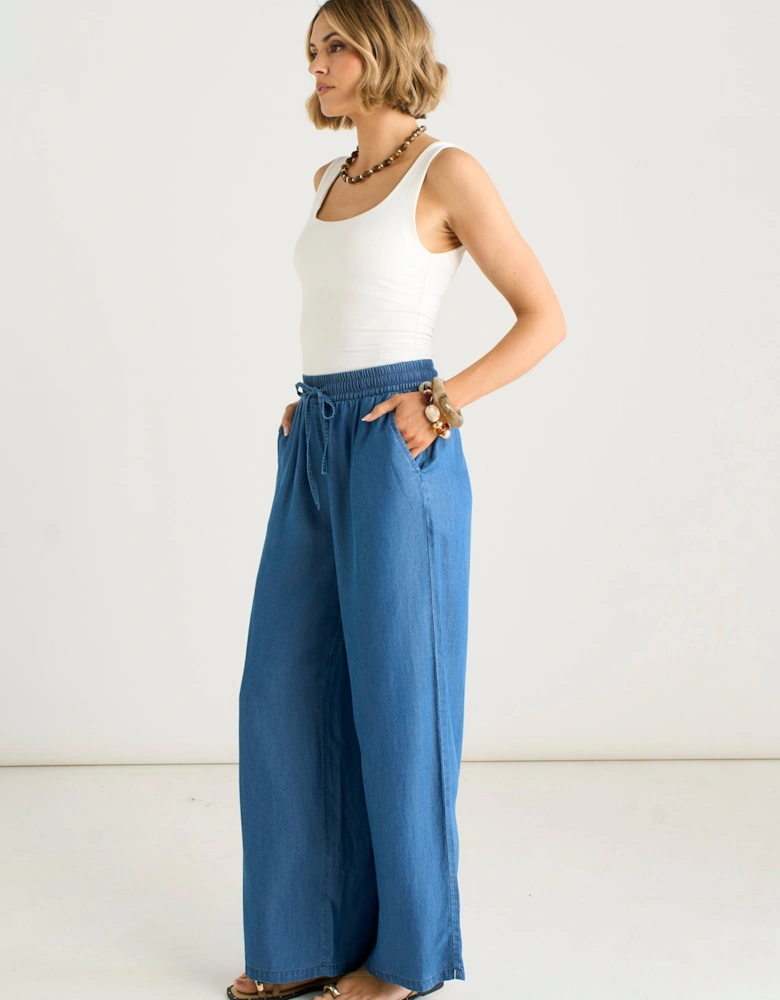 Blue Chambray Elasticated Waist Wide Leg Trousers