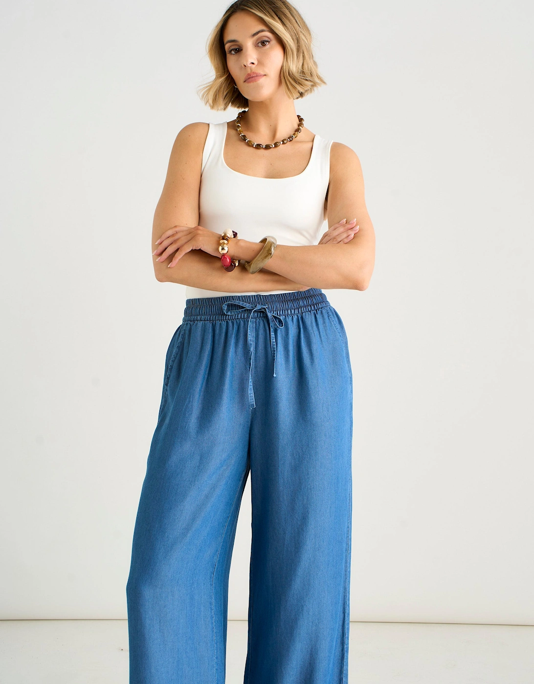 Blue Chambray Elasticated Waist Wide Leg Trousers