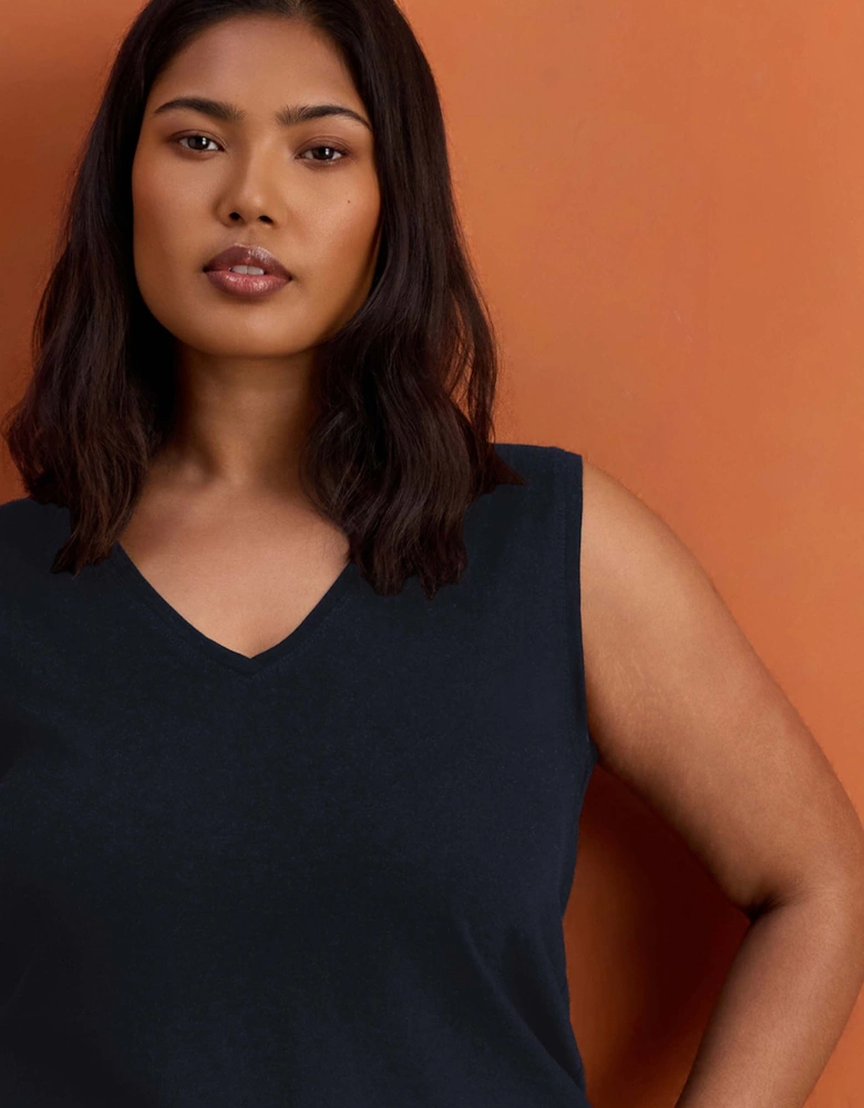 Navy Cotton Slub V Neck Vest With Curved Hem