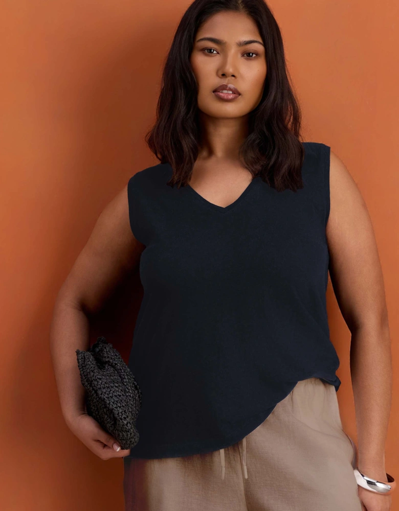 Navy Cotton Slub V Neck Vest With Curved Hem