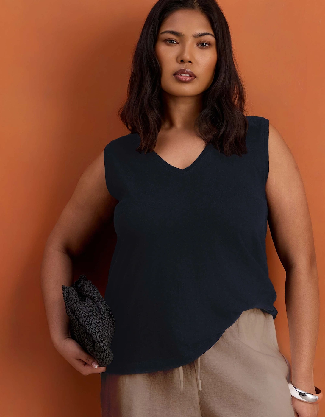 Navy Cotton Slub V Neck Vest With Curved Hem