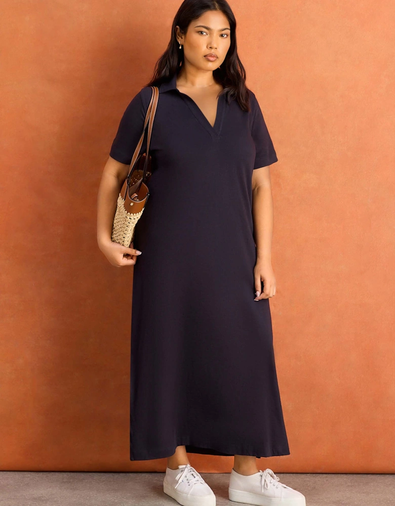 Navy Slub Jersey Polo Collared Midi Dress