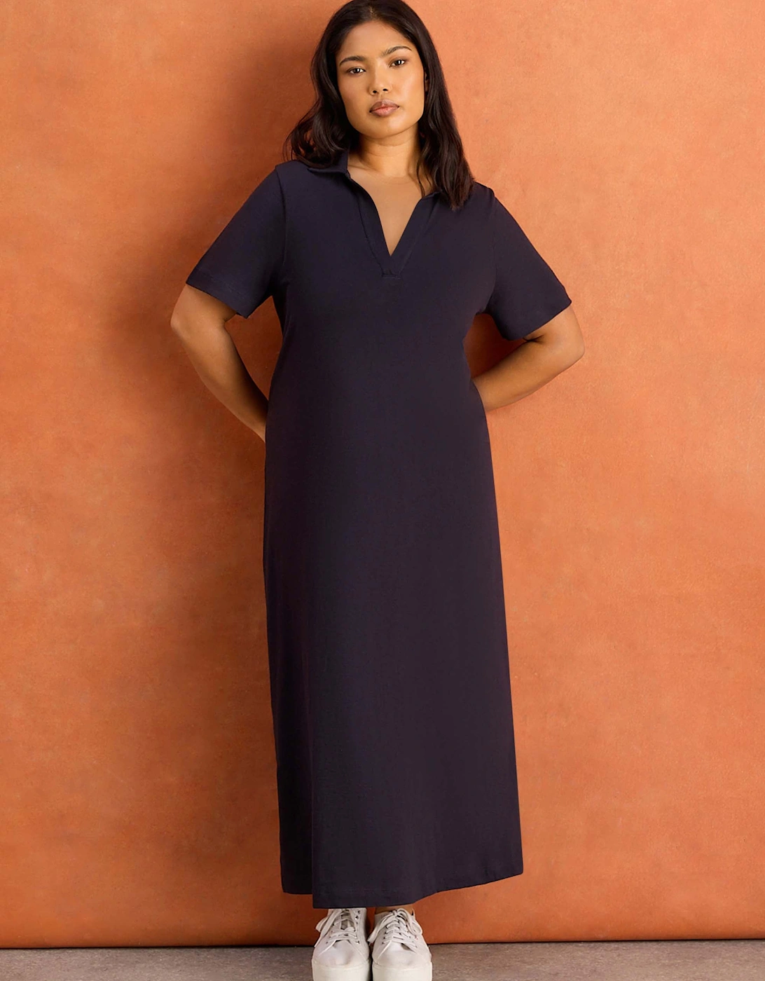 Navy Slub Jersey Polo Collared Midi Dress