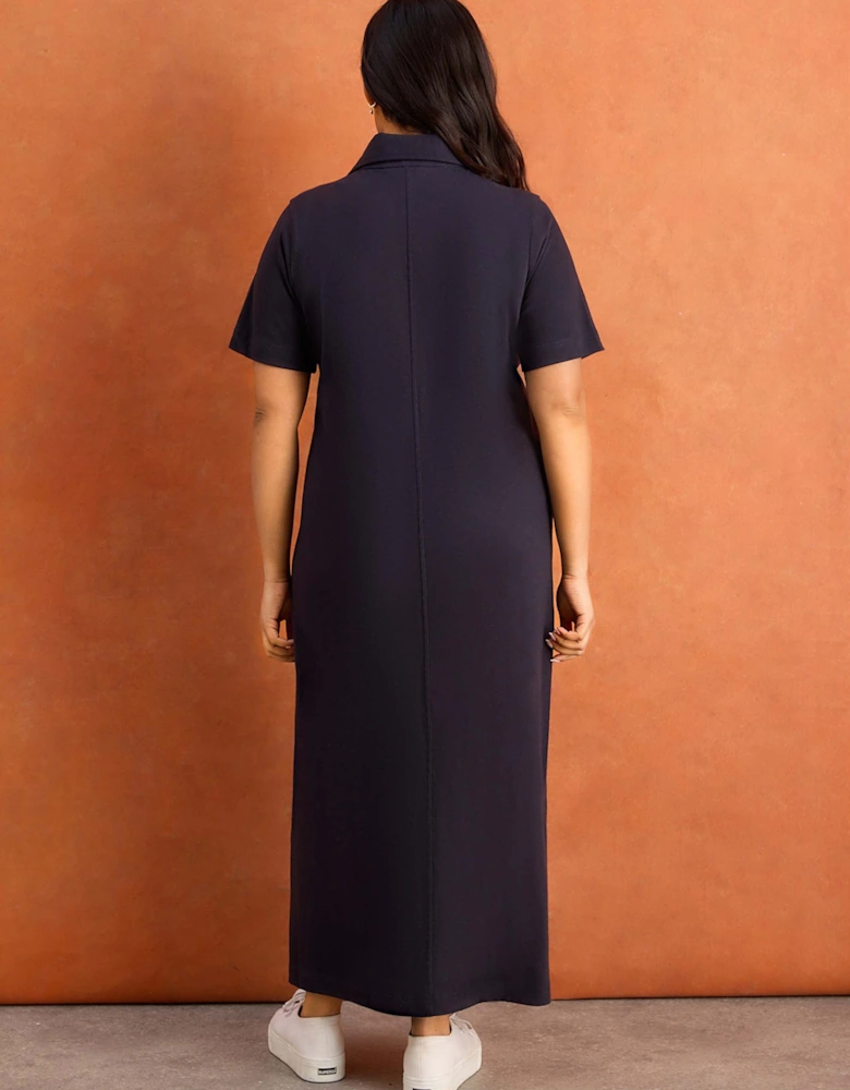 Navy Slub Jersey Polo Collared Midi Dress