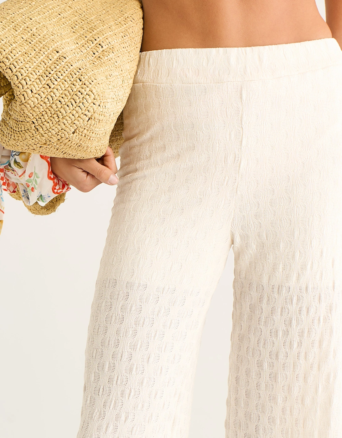 Beige Textured Elasticated Waist Flared Trousers