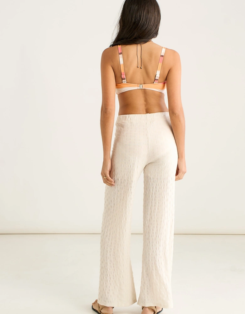 Beige Textured Elasticated Waist Flared Trousers