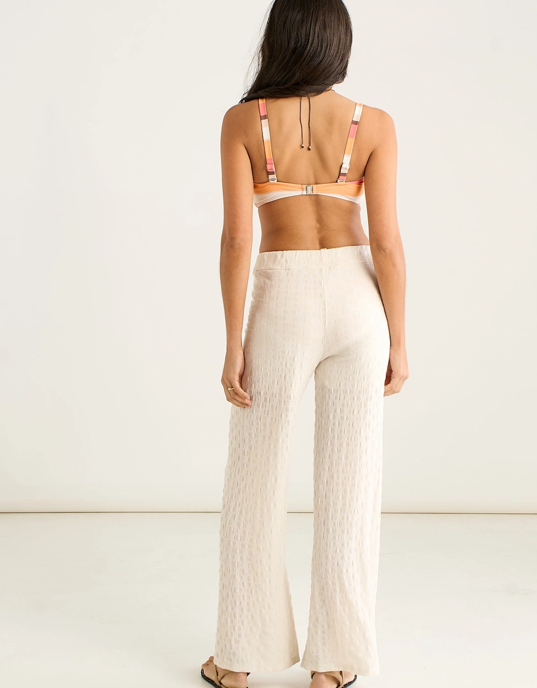 Beige Textured Elasticated Waist Flared Trousers