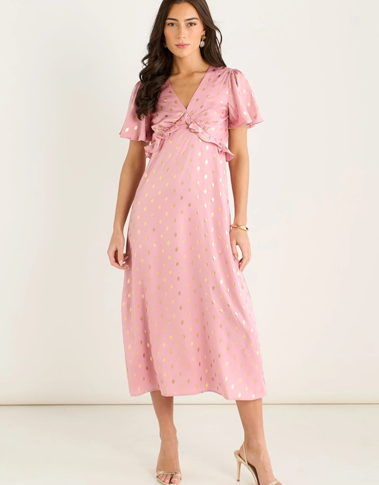 Blush Metallic Foil V Neck Midi Dress