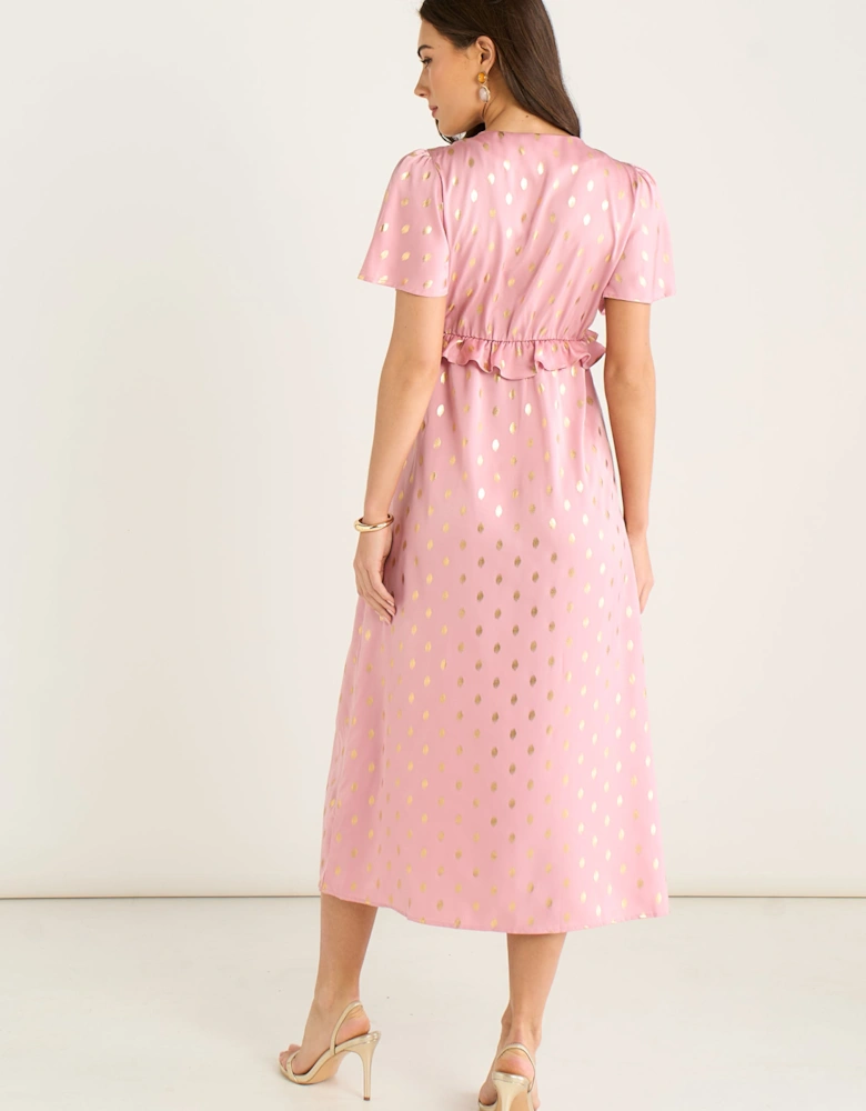 Blush Metallic Foil V Neck Midi Dress