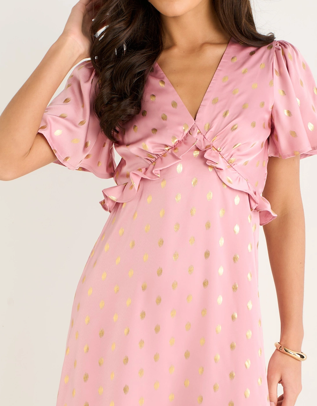 Blush Metallic Foil V Neck Midi Dress