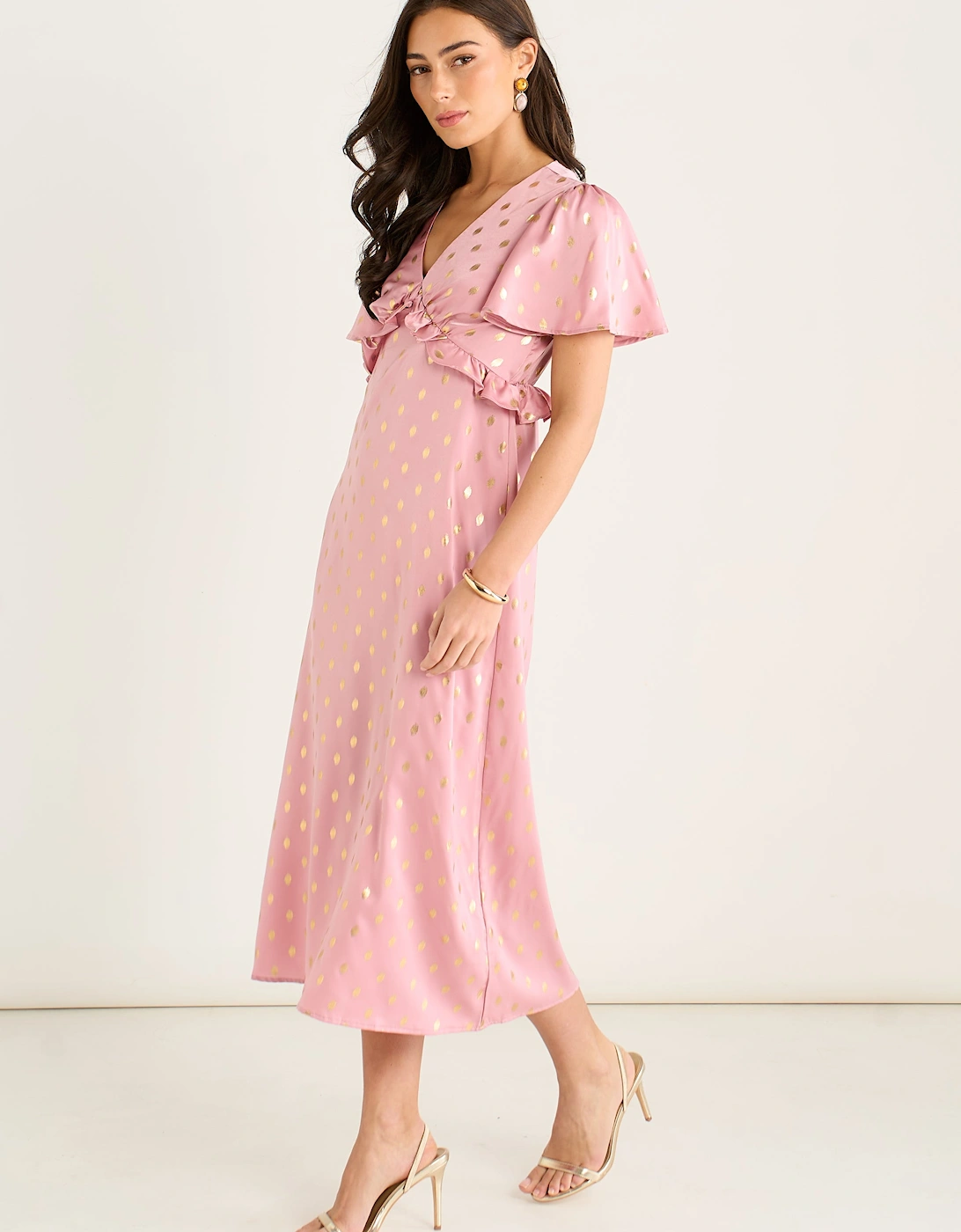 Blush Metallic Foil V Neck Midi Dress