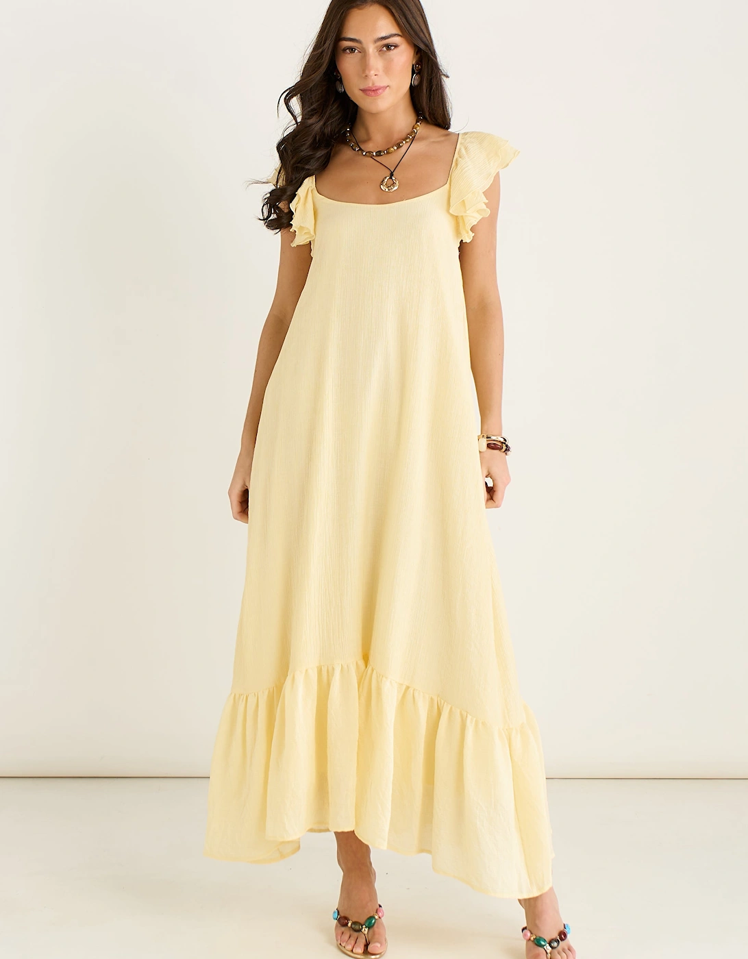 Gini London Women's Lemon Ruffle Short Sleeve Viscose Maxi Dress - Yellow - Size: 10