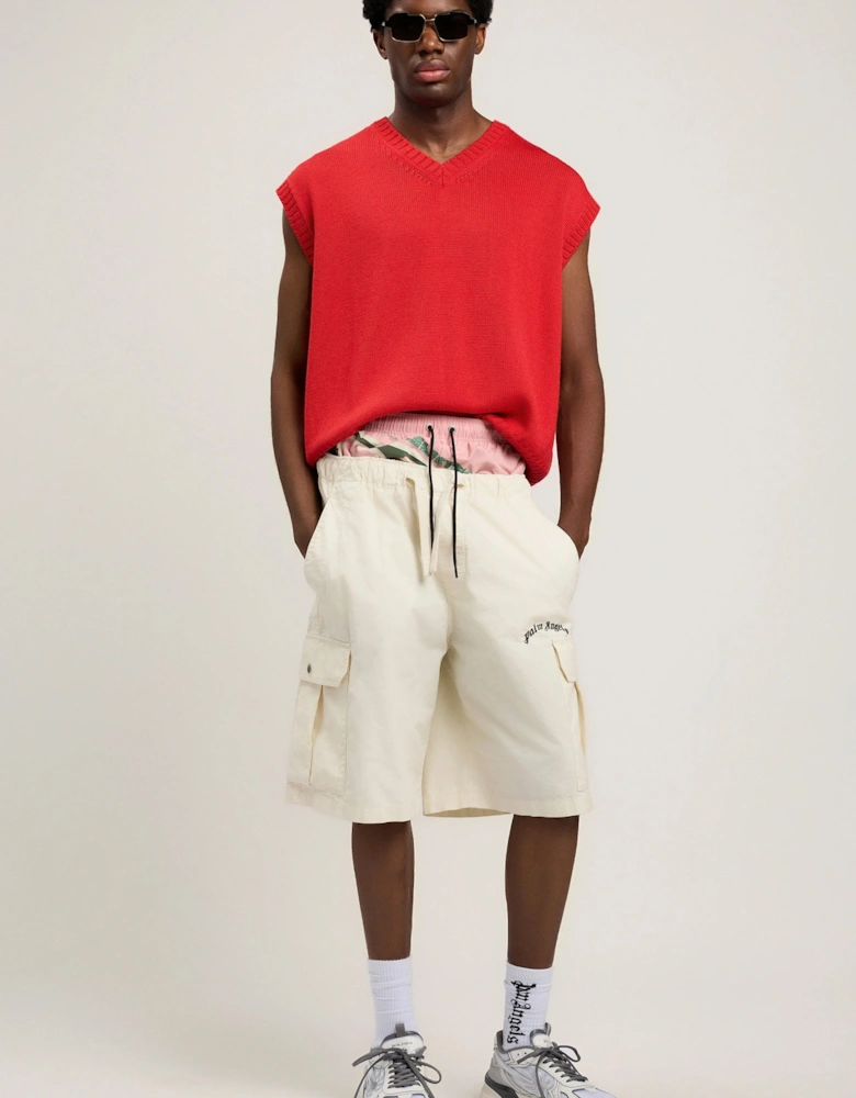 Curved Logo Loose Cargo Shorts White