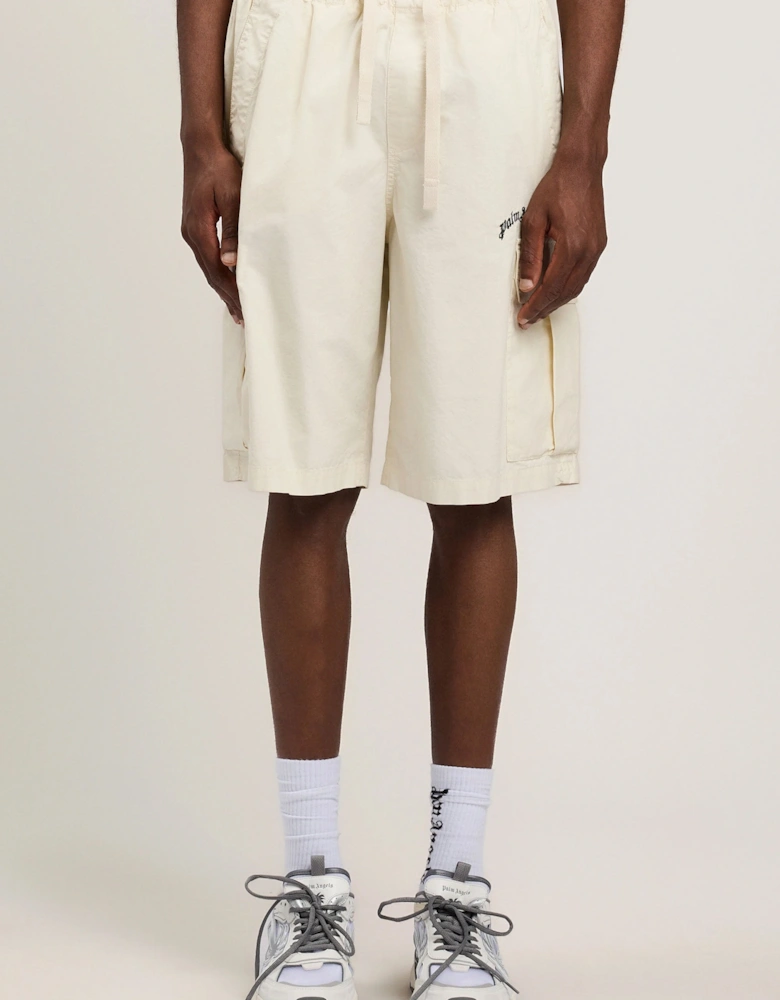 Curved Logo Loose Cargo Shorts White
