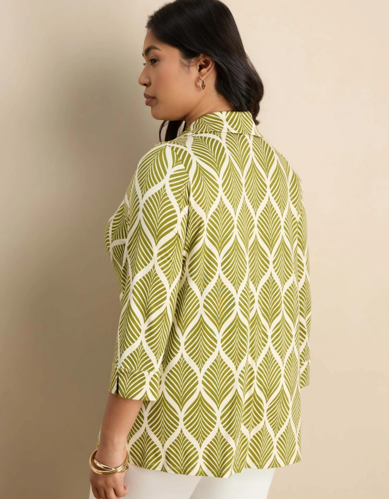 Chartreuse  Print 3/4 Sleeve Collared V-Neck Jersey Top